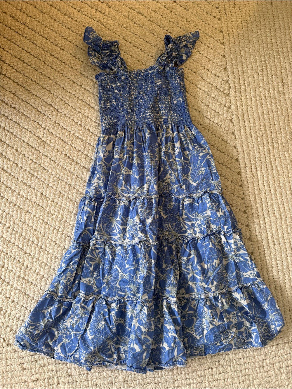 Smocked Few Moda Blue Floral Midi Dress with Ruffle Sleeves 100% Cotton